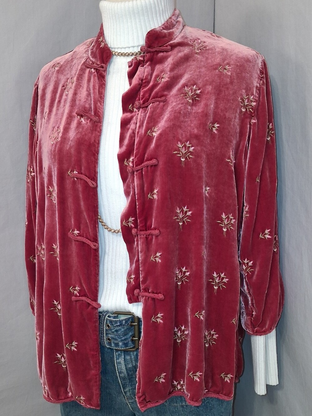 Deep Rose Pink Citron Santa Monica Collection Embroidered Silk Velvet Top Asian